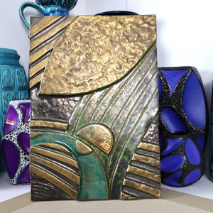 Vintage ceramic wall plate, West German pottery, retro blue green gold mid century modern