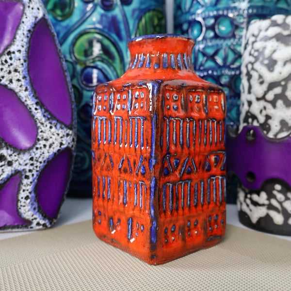 Vintage Bay Keramik red vase, West German fat lava pottery, mid century modern design