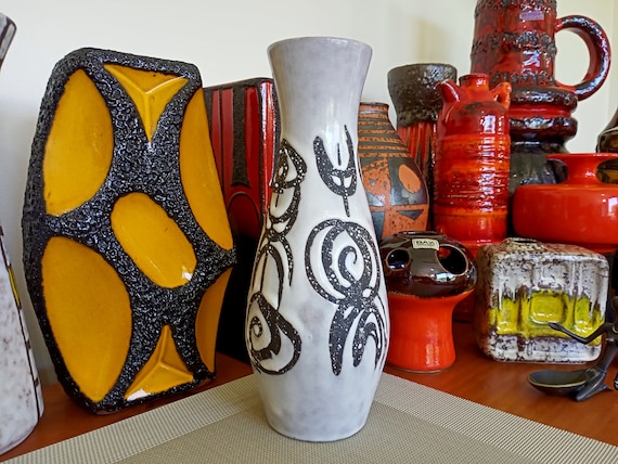 Vintage 1960's Black and White Vase, Fat Lava Pottery, Retro Mid
