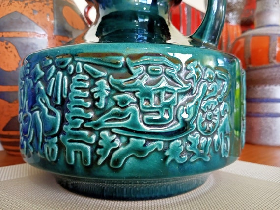 青緑色スポット模様の陶器花瓶 1960年代のヴィンテージグリーン花瓶、西ドイツの溶岩時代の陶器