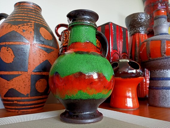 Vintage 1960's Green Vase, West German Fat Lava Pottery by U