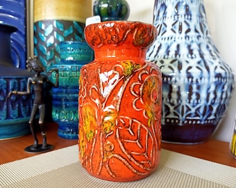 Vintage 1960's Bay Keramik orange vase, West German fat lava pottery, retro mid century.