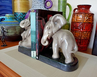 Vintage ceramic elephant bookends, by Keramos of Vienna, Austrian pottery for your lounge dining or bar, retro abstract mid century modern