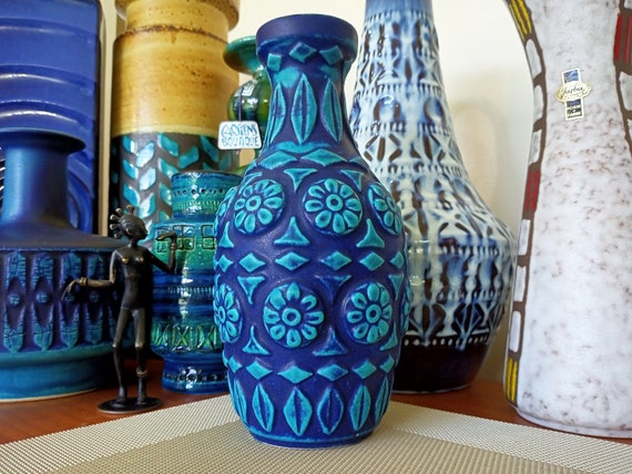 工芸品 Vintage Bay Keramik West German Vase Vintage BAY KERAMIK Matte Blue Vase 86 20 With Floral Decor by
