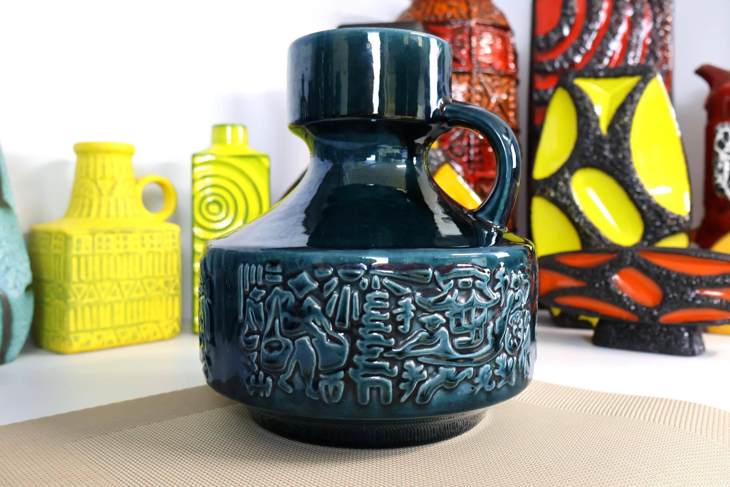Vintage 1960's Green Vase, West German Fat Lava Era Pottery, Retro