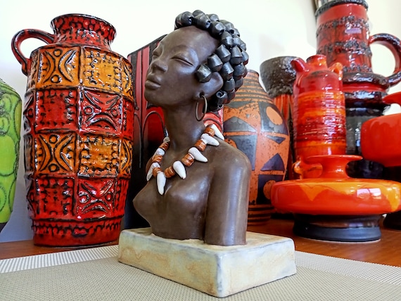 Vintage 1950's Ceramic African Figure, West German Style Pottery