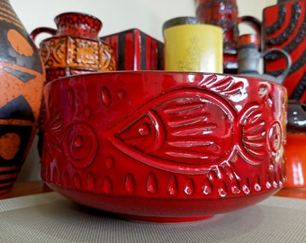 Vintage 1960's Alvino Bagni red bowl, Italian pottery for your lounge dining or office, abstract mid century modern fish design, Bitossi era