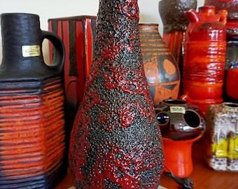 ドイツ ヴィンテージ ファットラバ 花瓶 赤色と黒色のストライプ花瓶