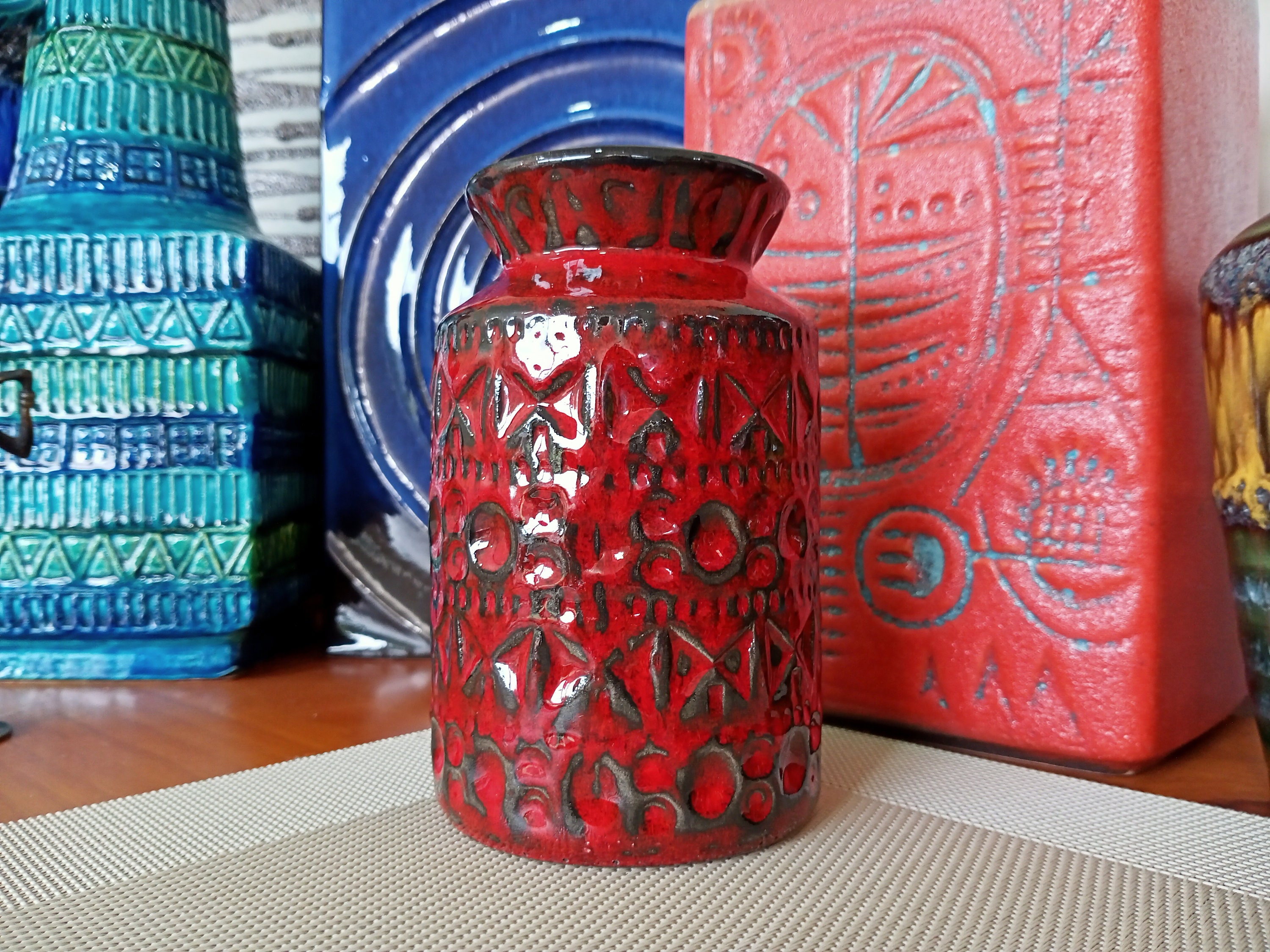 A Vintage 1960's Bay Keramik Red Vase, West German Pottery, Fat