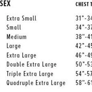 以下が含まれることがあります： 白地に黒字で、ユニセックスの胸囲サイズを詳細に示した表。サイズはXS（79～86cm）から4XL（147～155cm）まで。表には、Extra Small、Small、Medium、Large、Extra Largeなどのサイズ名が含まれています。