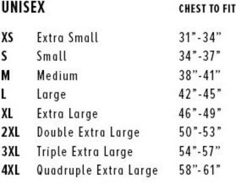 以下が含まれることがあります： 白地に黒字で、ユニセックスの胸囲サイズを詳細に示した表。サイズはXS（79～86cm）から4XL（147～155cm）まで。表には、Extra Small、Small、Medium、Large、Extra Largeなどのサイズ名が含まれています。