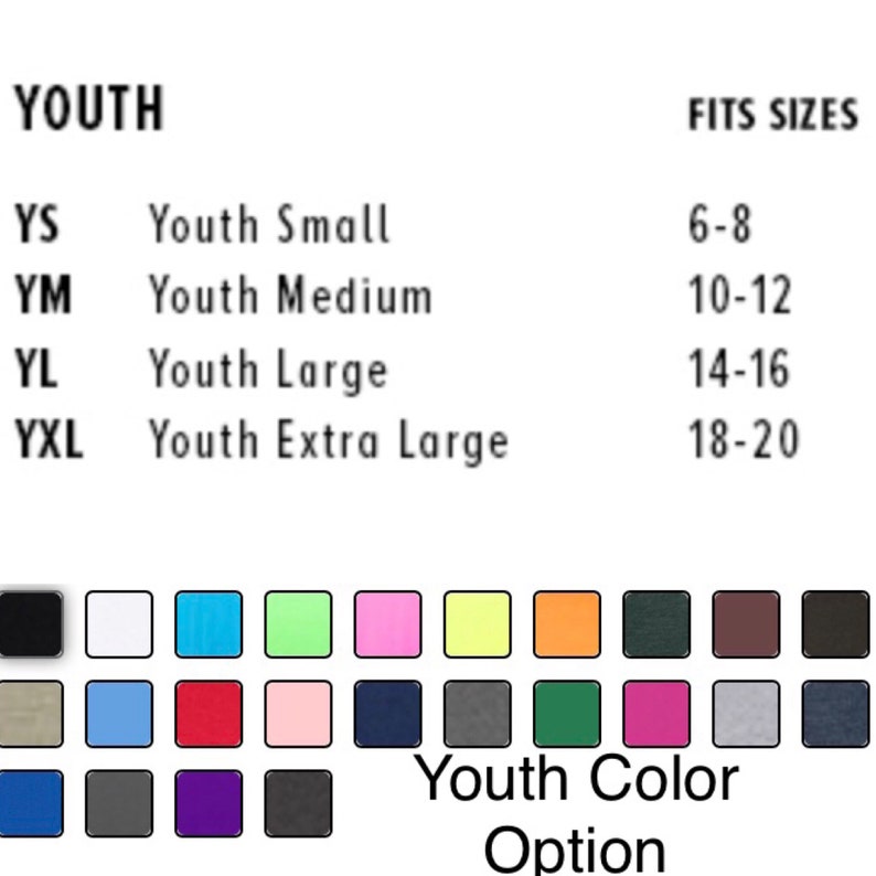 以下が含まれることがあります： 白地の背景に、子供服のサイズチャートが表示されています。チャートには、YS、YM、YL、YXLのサイズと、対応する年齢範囲が記載されています。チャートの下には、黒、白、青、緑、ピンクなどのカラーオプションがあります。「Youth Color Option」というテキストも表示されています。