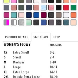 以下が含まれることがあります： さまざまな単色のカラーパレットを示す画像。 下には「PRODUCT DETAILS」、「SIZE CHART」、「HELP」と書かれています。 「WOMEN'S FLOWY」トップス用のサイズチャートが表示され、XSから2XLまでのサイズと対応するドレスサイズがリストされています。