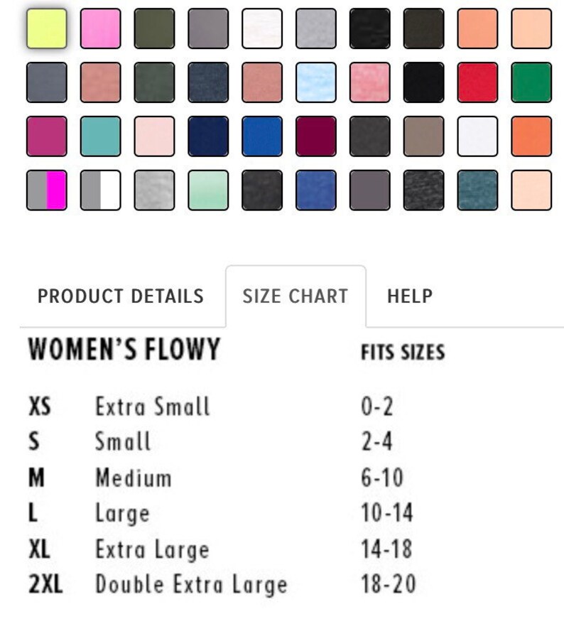 以下が含まれることがあります： さまざまな単色のカラーパレットを示す画像。 下には「PRODUCT DETAILS」、「SIZE CHART」、「HELP」と書かれています。 「WOMEN'S FLOWY」トップス用のサイズチャートが表示され、XSから2XLまでのサイズと対応するドレスサイズがリストされています。