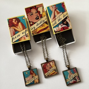 Matchbox label gifts,Pinup girl necklace,Retro pinup pendant ,Pin up girl gifts, Retro girl gift ideas,Pin up girl pendants,Pendant gift