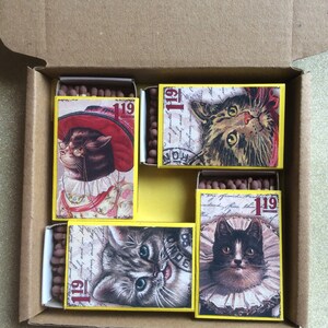 May include: Four matchboxes with a cat theme. Each box has a different cat illustration and the number 119 printed on it. The cats are a black and white cat, a brown tabby cat, a white cat with black spots, and a brown and white cat.