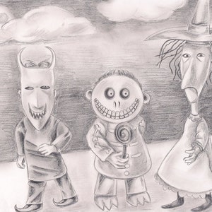 Pode incluir: Um desenho a lápis preto e branco de três personagens do filme O Estranho Mundo de Jack. Os personagens são Jack Skellington, Sally e Oogie Boogie. Jack está segurando uma pirulito, Sally está usando um vestido e Oogie Boogie está usando um chapéu.