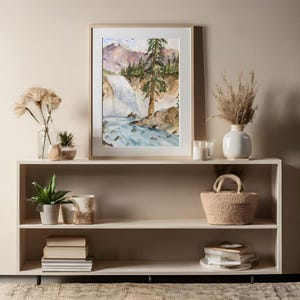 Mountain Falls Watercolor Waterfall Landscape Wall Art - Digital Download