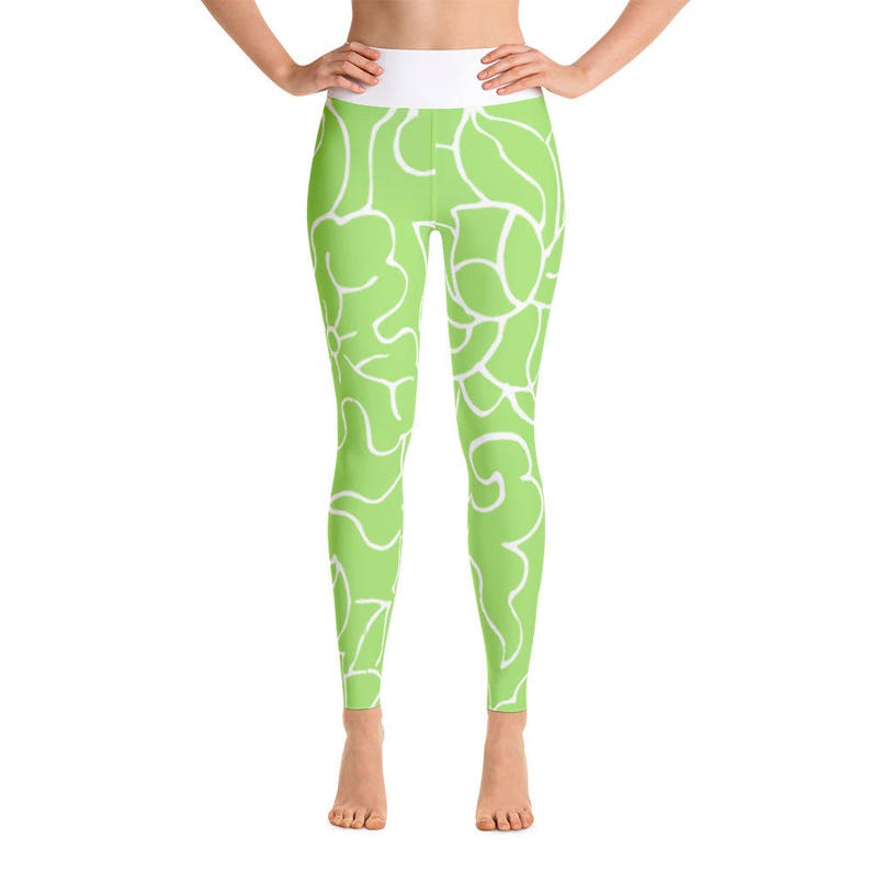 Lime Green Gym Leggings White Swirl Floral Print Yoga Pants | Etsy