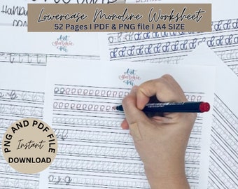 Puede incluir: Una hoja de trabajo en blanco y negro con el título "Lowercase Monoline Worksheet" y el texto "52 Pages | PDF & PNG file | A4 SIZE". La hoja de trabajo está diseñada para practicar letras minúsculas en escritura cursiva. Una mano sostiene un marcador negro y escribe en la hoja de trabajo.