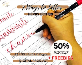 7 Style Calligraphy Practice Worksheets: Herbs Edition (PDF & PNG)