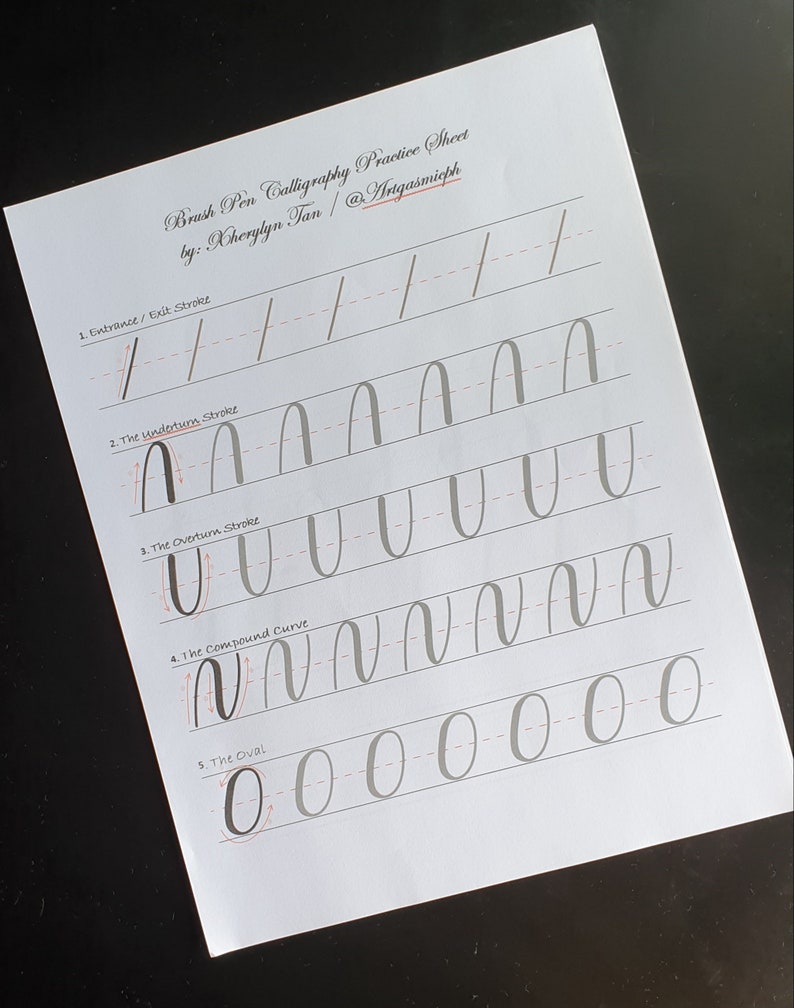 May include: A calligraphy practice sheet with instructions for brush pen calligraphy. The sheet includes five exercises: entrance/exit strokes, the underturn stroke, the overturn stroke, the compound curve, and the oval. Each exercise has a series of lines to practice the stroke.