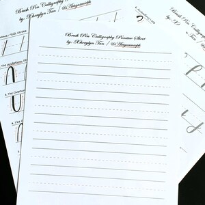 May include: A black and white calligraphy practice sheet with instructions for brush pen calligraphy. The sheet includes lines for practicing the "underturn stroke", "overturn stroke", and "ascending loop". The sheet is titled "Brush Pen Calligraphy Practice Sheet" by "Cherylyn Tan" with the social media handle "@Artgasmicph".