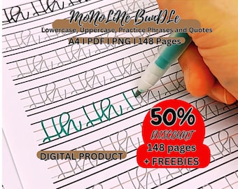 Puede incluir: Un producto digital para practicar la caligrafía. La imagen muestra una página con papel rayado y escritura cursiva. El texto "Mono Line Bundle" está en la parte superior de la página. El texto "Lowercase, Uppercase, Practice Phrases and Quotes" está debajo del título. El texto "A4 I PDF I PNG I 148 Pages" está debajo de la descripción. El texto "DIGITAL PRODUCT" está en la parte inferior de la página. Una pluma verde está escribiendo en la página. Un círculo rojo con el texto "50% DISCOUNT" está en la esquina inferior derecha de la imagen. El texto "148 pages + FREEBIES" está debajo del descuento.
