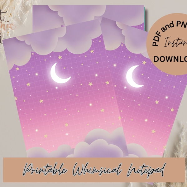 Whimsical Crescent Moon Sky Notepad Printable | PDF PNG A4 A5 variations Can be used as Daily Planner or Notebook Sheet Productivity Planner