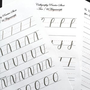 May include: Three calligraphy practice sheets with lined paper. The first sheet has the title "Brush Pen Calligraphy Practice Sheet" and instructions for practicing different brush pen strokes. The second sheet has the title "Calligraphy Practice Sheet" and instructions for practicing the letters "P" and "J". The third sheet has the title "Calligraphy Practice Sheet" and is blank.