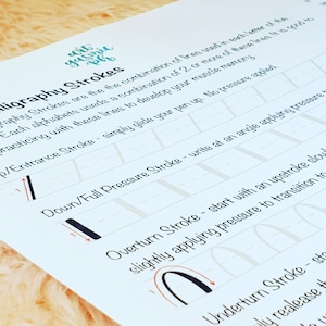 May include: A white sheet of paper with black ink illustrations of different calligraphy strokes. The paper has text explaining the different strokes, including "Entrance Stroke", "Down/Full Pressure Stroke", "Overturn Stroke", and "Underturn Stroke".