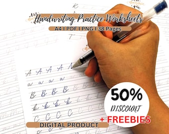 May include: Handwriting practice worksheets with the text "Handwriting Practice Worksheets A4 | PDF | PNG | 38 Pages". The image shows a hand holding a pen and writing on a worksheet with the letters A, B, and C. A 50% discount and freebies are also advertised.