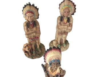 Native American Indian Chief Figure Resin Brave With Dog Lot of 3