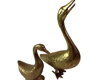 Vtg. Brass Duck Goose and Duckling Figurines Set of 2 Retro Mid Century 9" Tall