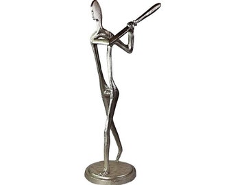 Vintage Brutalist Art Iron Man Holding Bat Sculpture Statue Silver Color 15.5" Tall Metalware Sports Style Home Decor Collectible