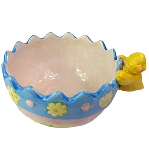 Vintage Baby Chick Holding Easter Egg Bowl Figurine Floral Easter Multi Color Candy Dish