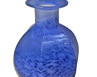 Vintage Murano Style Feathered Italian Art Glass Small Bud Vase Blue White Swirl 3.75" Decorative Collectible~Beautiful