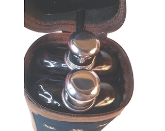 Vintage Double Flask Quality Leather Carrying Case Ducks Fowl Collectible