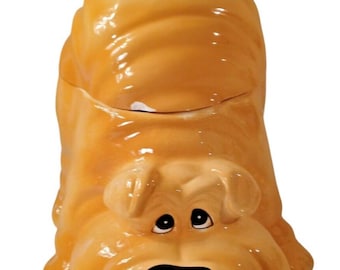 Vintage 90's Savoy Ceramic Puppy Cookie Jar Light Brown Playful Dog Shar Pei 9.5" Canister Collectible-Adorable