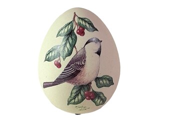 Kathy Seek Ceramic Porcelain Finch Bird Egg with Decorative Holly Hand Painted Vintage Collectible-Nice3.5"