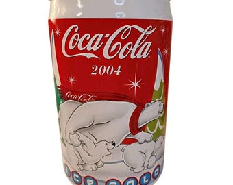 Coca-Cola Polar Bears Pop Can Shaped White Red Ceramic Cookie Jar with Lid Coke Christmas 2004 Vintage Canister Collectible 9.5"