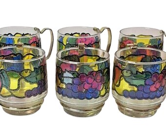 Vintage Libbey Hostess Glassware Set 6 Stained Multicolor Fruit Design Mid Century 1960's New-New Old Stock