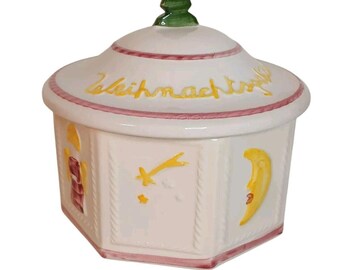 Vintage 1970's German Cookie Jar Weihnachtsgeback White Multicolor Christmas Decorative Storage Collectible