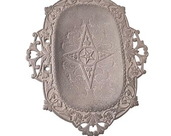 Antique 1800’s Black Cast Iron 3 Footed Tray Ornate Star Details Trinket Change Dish Large with Two Mounting Holes Decorative Collectible