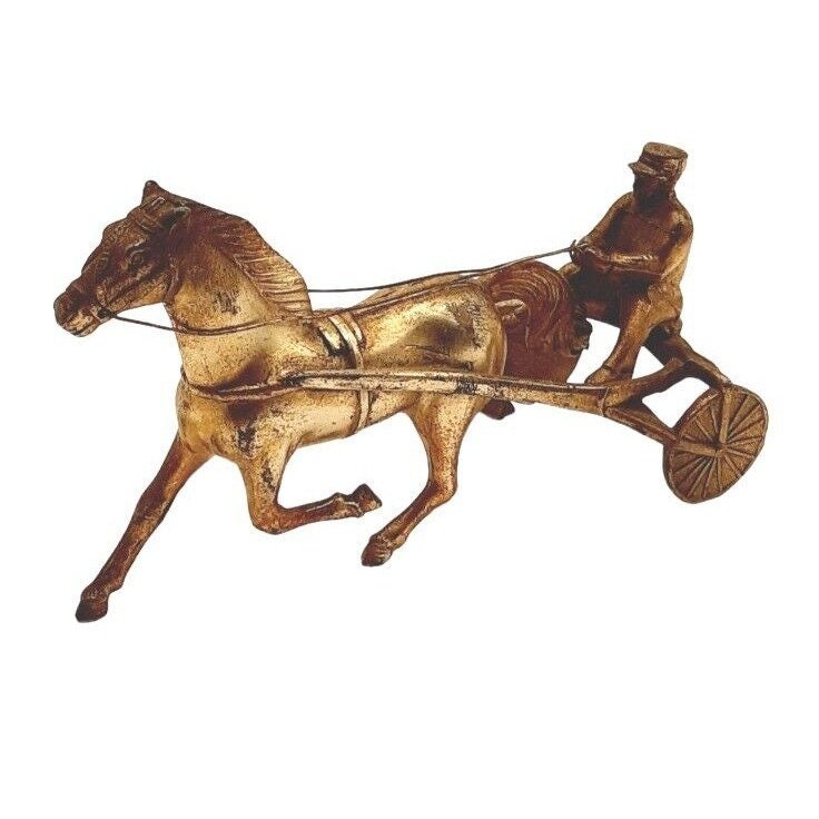 Vintage Brass Horse Sulky Pulling Cart With Rider Figurine Made in