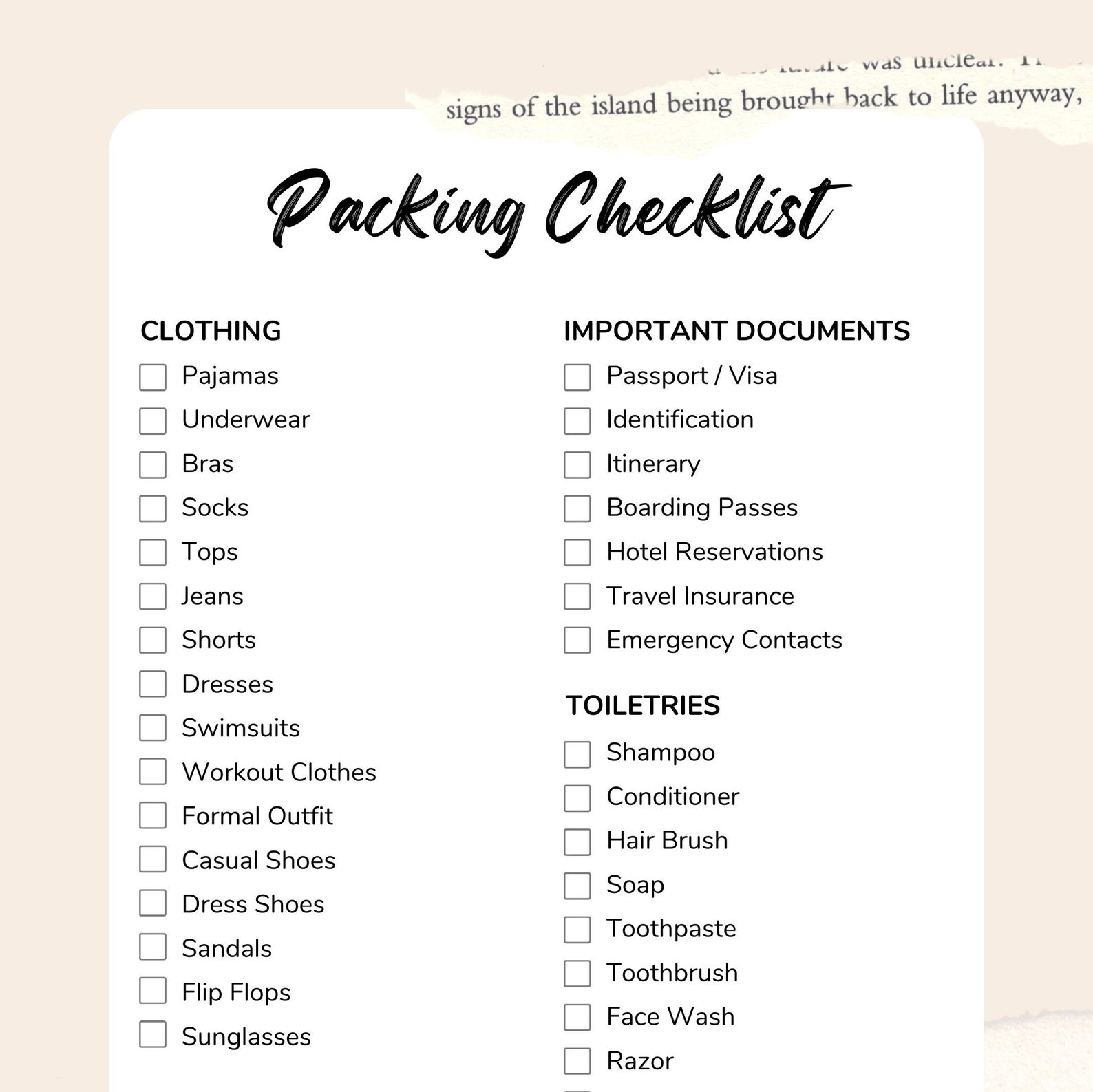 Printable Packing List, Travel Packing Checklist, Holiday, Vacation