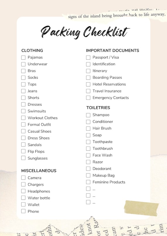 Printable Packing List, Travel Packing Checklist, Holiday, Vacation,  Cruise, College, Wedding, Family, Travel Planner