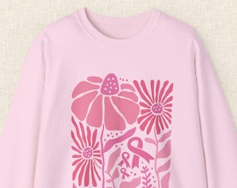 Boho Floral Breast Cancer Awareness Sweatshirt, October We Wear Pink, Pink Flowers and Subtle Ribbons, Cute Teacher Shirt for October