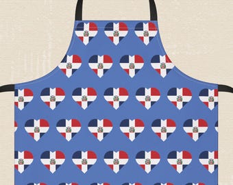 Delantal con corazones y bandera dominicana, regalo de cocina de República Dominicana, decoración del hogar de República Dominicana, delantal de cocina azul, cocina dominicana