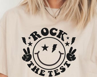 Camiseta de prueba, camiseta Rock the Test, camiseta divertida para el día de prueba, camiseta de maestro, camiseta de apoyo para exámenes, camiseta escolar motivacional, camiseta de aliento